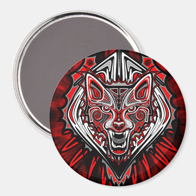 Aimant Conception de totem tribal Haida Loup (Recto/Verso)