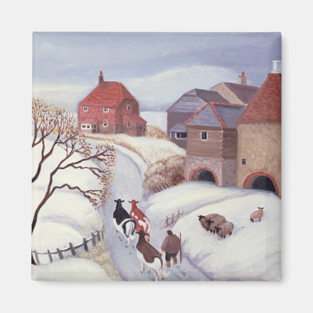 Aimant Conduire des vaches à la maison dans la neige (Devant)
