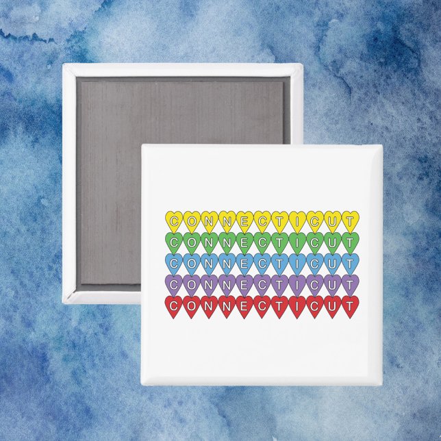 Aimant Connecticut Rainbow Hearts Motif (A fun magnet with a pattern of hearts that say Connecticut)