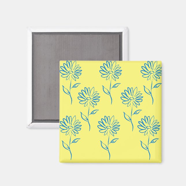 Aimant Contour de fleur bleue sur fond jaune (Recto/Verso)