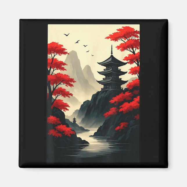 Aimant Cool Japanese Pagoda Castle Mountain Landscape Gra (Devant)