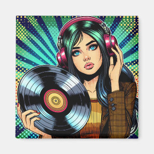 Aimant Cool Pop Art Comic Style Girl avec Album de Vinyl