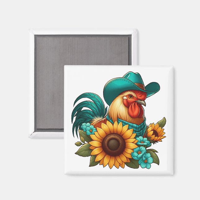 Aimant Coq avec chapeau sarcelle et tournesols  (Recto/Verso)
