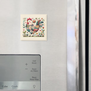 Aimant Coq en patchwork folklorique avec accents floraux
