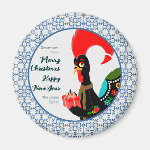 Aimant Coq portugais de Noël et cadre de carreaux bleus