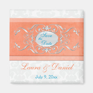 Aimant Corail, Aqua et Grey Damask Sauvez l'aimant Date