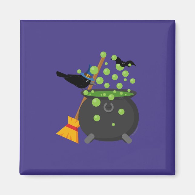 Aimant Corbeau de sorcière regardant dans une cauldron bo (Devant)