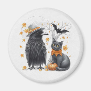 Aimant Corbeau et chat Halloween Automne Crow