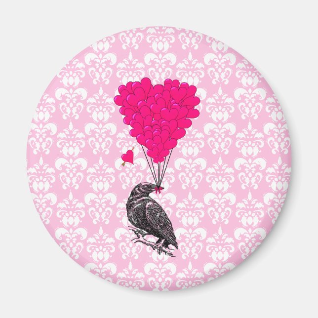 Aimant Corbeau et cœur sur damas rose (Devant)