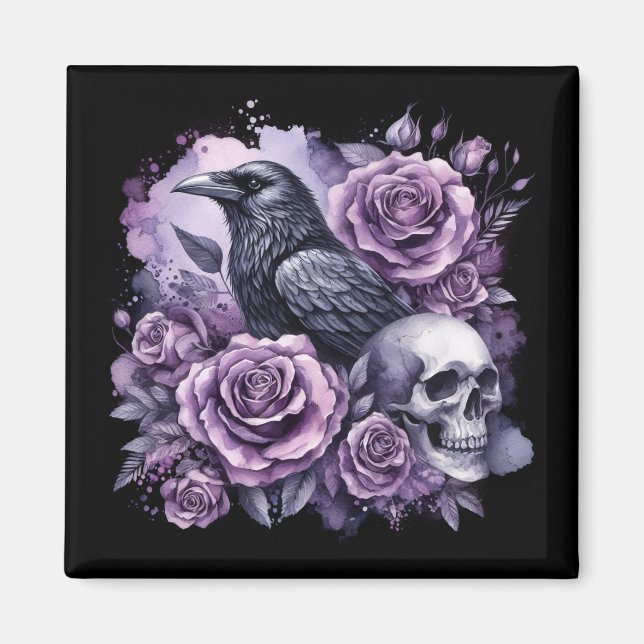 Aimant Corbeau gothique Rose pourpre crâne (Devant)