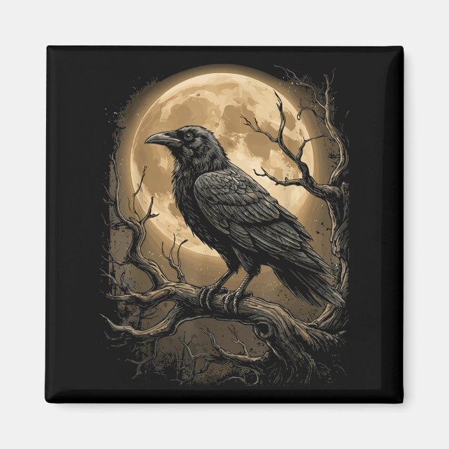 Aimant Corbeau noir gothique Lune sombre forêt oiseau (Devant)