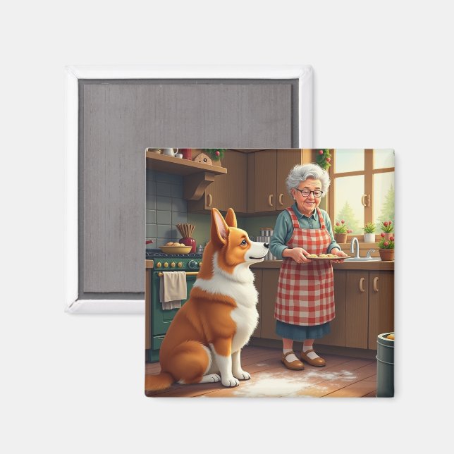 Aimant Corgi Baking with Grandma Christmas Painting (Recto/Verso)