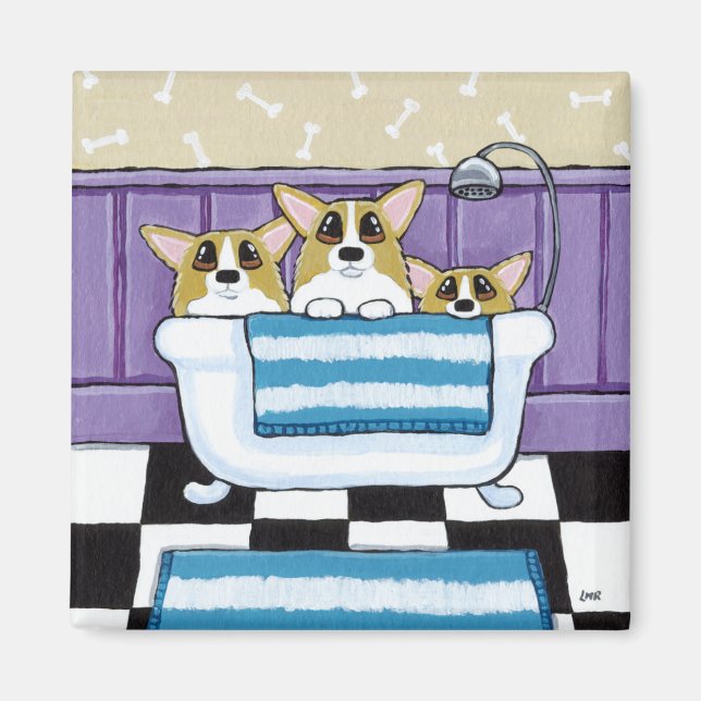 Aimant Corgi Bath Time - Cute Dog Art (Devant)