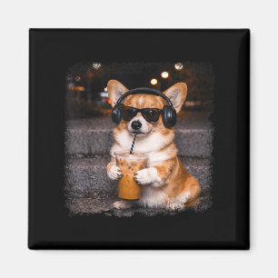 Aimant Corgi buvant du café glacé amateur d'humour mème d