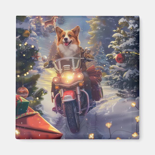 Aimant Corgi Chien équitation Moto Noël (Devant)