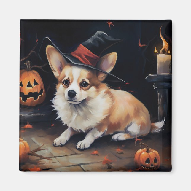 Aimant Corgi Citrouille Halloween effroi (Devant)