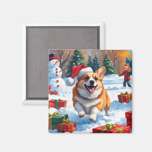 Aimant Corgi courant dans la neige avec un chapeau de Noë