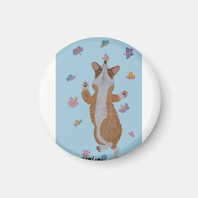 Aimant Corgi dansant avec papillons (Devant)