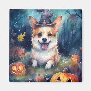 Aimant Corgi d'Halloween avec la peur Citrouille