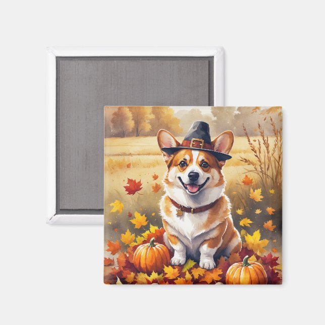 Aimant Corgi En Automne Laisse L'Art Thanksgiving (Recto/Verso)