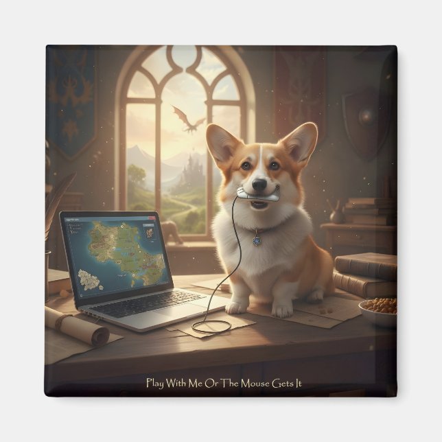 Aimant Corgi et souris (Devant)