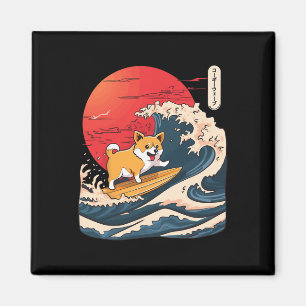 Aimant Corgi faisant du surf sur une vague japonaise _4