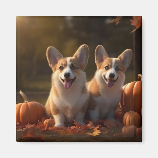 Aimant Corgi  Jeune chiot Délice d'automne Citrouille (Devant)