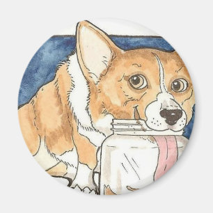 Aimant Corgi léchant le pot de beurre d'arachide