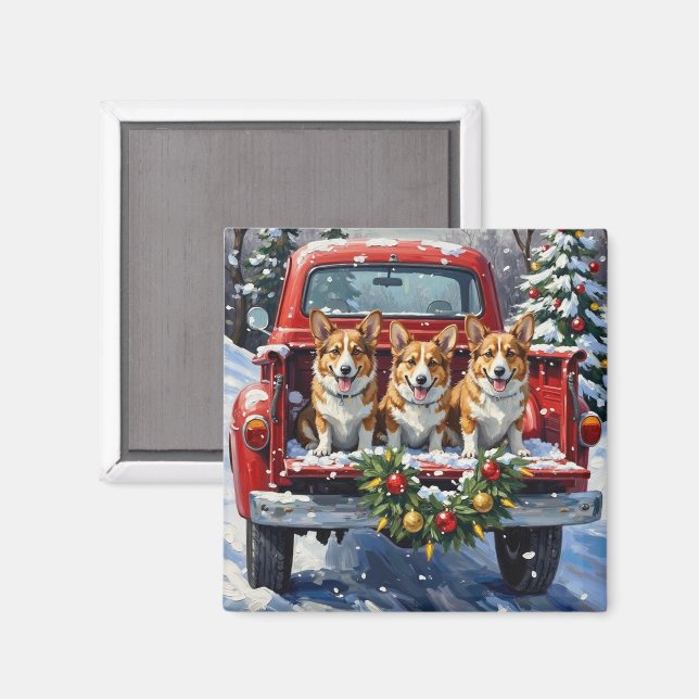 Aimant Corgi Noël Camion Rouge Fêtes (Recto/Verso)