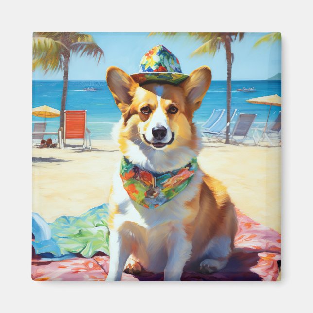 Aimant Corgi on Beach, cadeau d'été pour les amoureux de  (Devant)