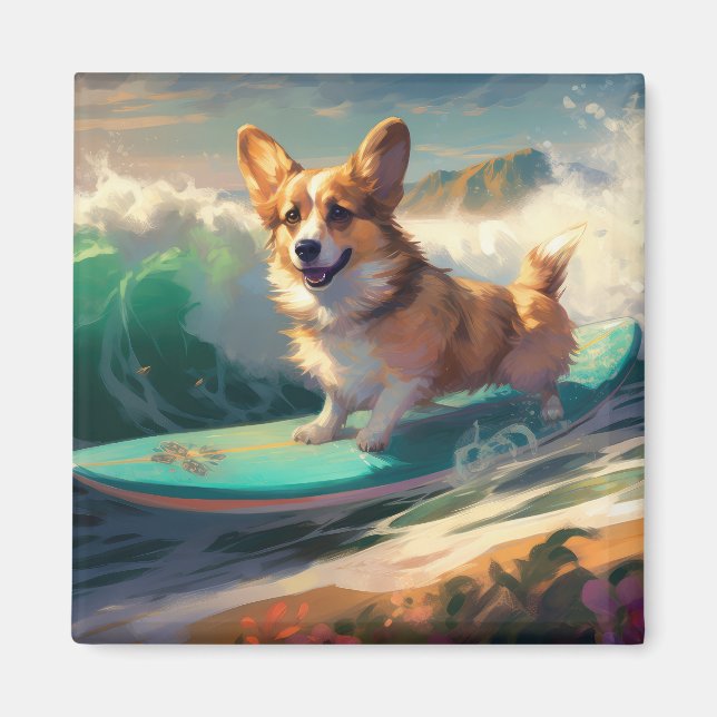 Aimant Corgi  Plage Surf Peinture (Devant)