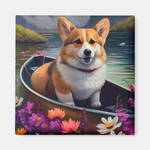 Aimant Corgi sur une pagaie : Une aventure panoramique