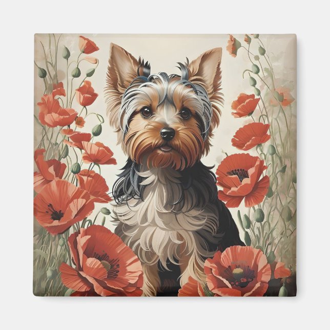 Aimant Corte Yorkshire Terrier Botanique Poppies rouges (Devant)