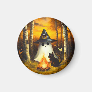 Aimant Cosy Halloween Ghost & Black Cat Campfire Art
