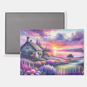 Aimant Cottage au Coucher de Soleil Pastel Jardin au Bord