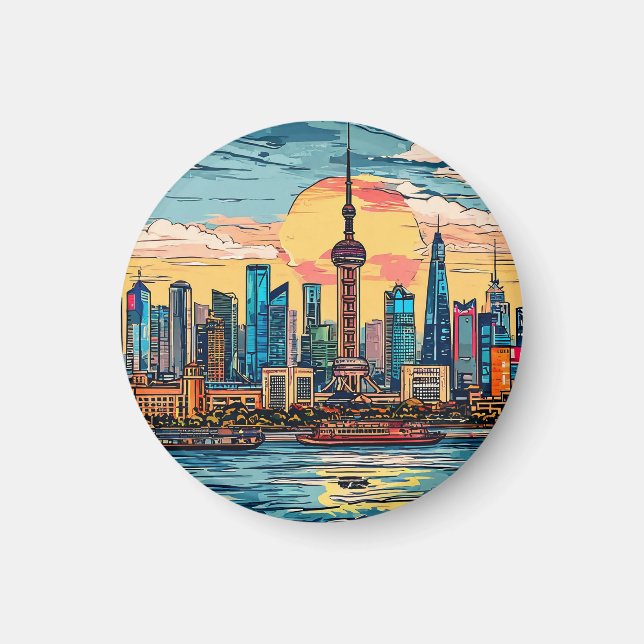 Aimant Coucher de soleil sur l'horizon de Shanghai (Devant)