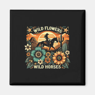 Aimant Coucher du soleil fille équitation Cheval Fleurs s