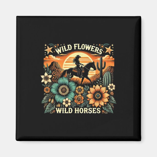 Aimant Coucher du soleil fille équitation Cheval Fleurs s (Devant)