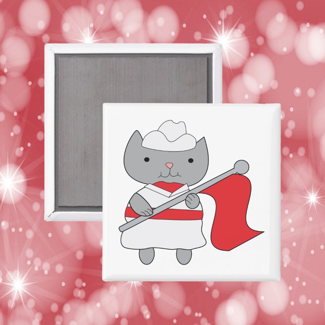 Aimant Couleur Garde Chat Rouge Blanc (A magnet featuring a gray cat in a red and white color guard uniform.)