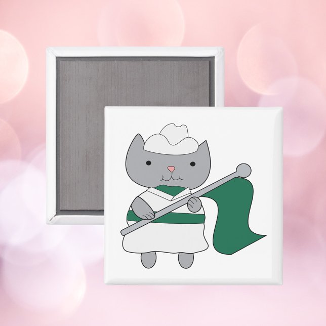 Aimant Couleur Garde Chat Vert et Blanc (A cute magnet with a gray cat in a green & white color guard outfit.)