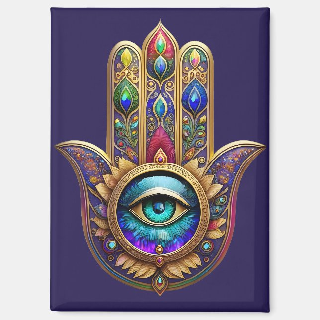 Aimant Couleurs de Paon Doré Hamsa Saphir Vert Troisième  (Recto)
