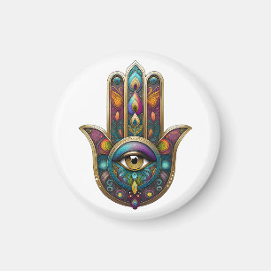Aimant Couleurs de paon Hamsa avec troisième œil en or