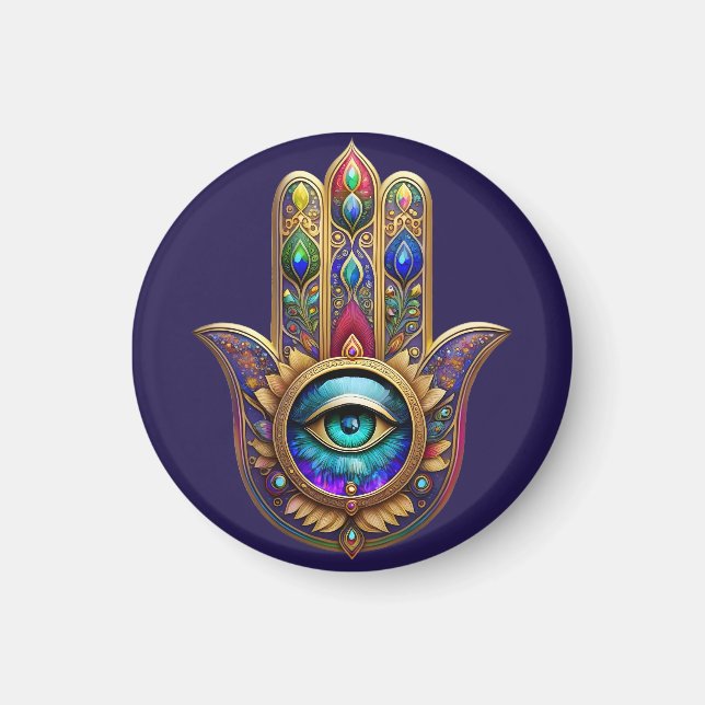 Aimant Couleurs Paon Doré Hamsa Saphir Vert Troisième Œil (Devant)