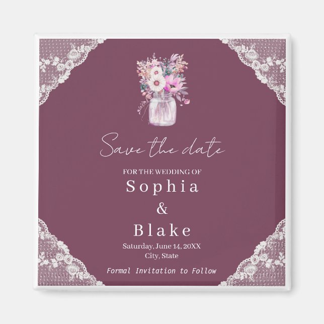 Aimant Country Lace Mason Jar Burgundy Enregistrer la dat (Devant)