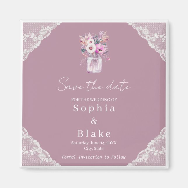 Aimant Country Lace Mason Jar Rose Enregistrer la date (Devant)