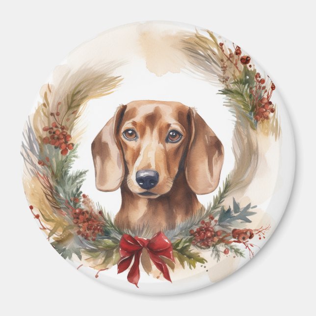 Aimant Coupe de fête de la couronne de Noël de Dachshund (Devant)