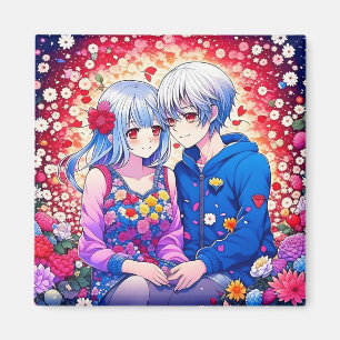 Aimant Couple Anime mignon, Fleurs et Coeurs