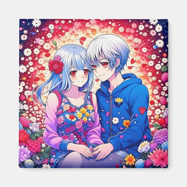 Aimant Couple Anime mignon, Fleurs et Coeurs (Devant)