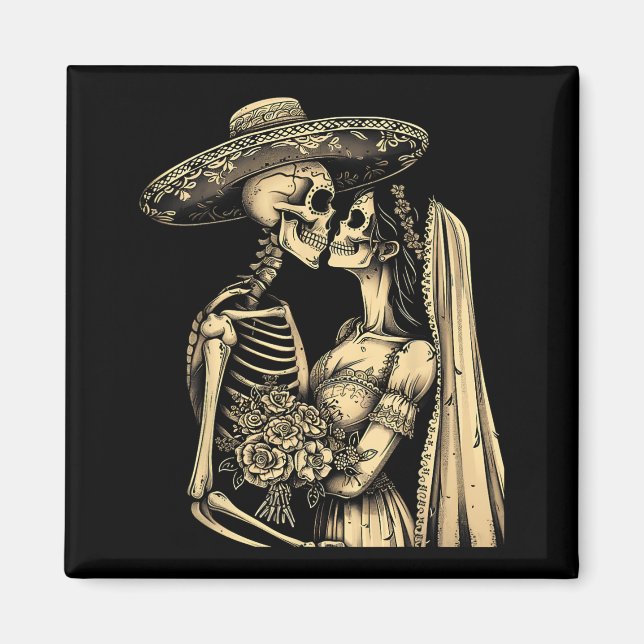 Aimant Couple Crâne de Sucre Dia De Muertos Mariée Squele (Devant)
