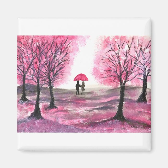 Aimant Couple d'amour de mariage rustique arbre de fleurs (Devant)